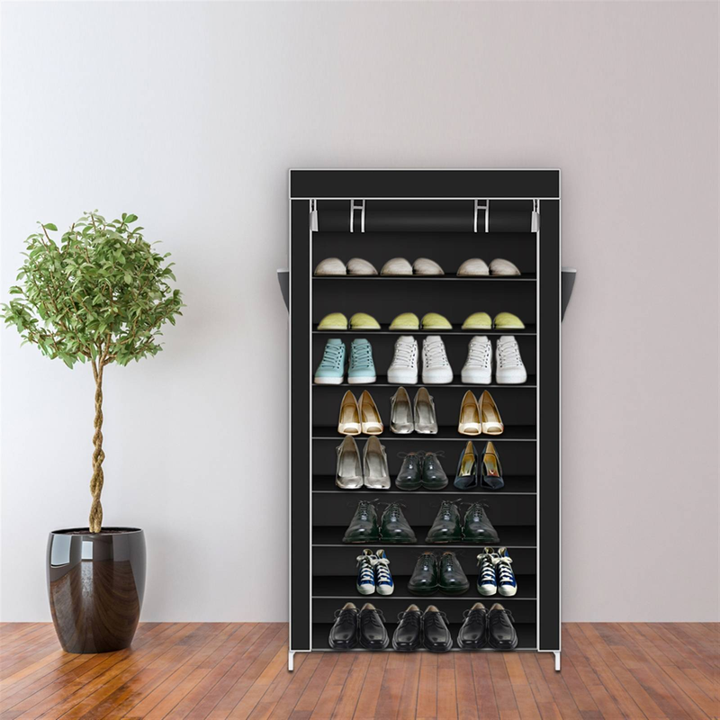 Étagère à chaussures à 10 niveaux, noire, anti-poussière, pour placard, rangement de chaussures_voghion.com