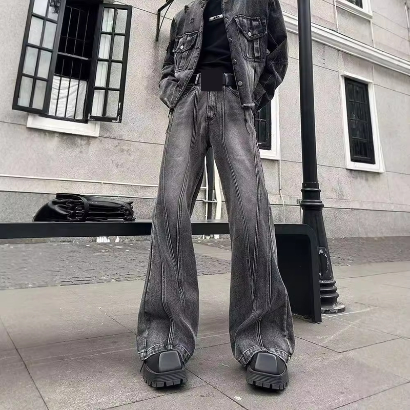 Herrenbekleidung Nischendesign Original Plissee Dekonstruierter Woll-Jeansanzug Retro-Jeans Zweiteiliger Anzug_voghion.com