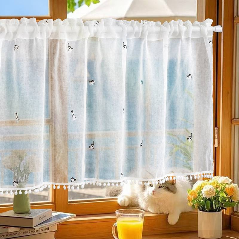 Multi-Size Cat Embroidery Sheer Curtain (100-230x60cm) - Light Filtering Cafe Curtain For Living Room, Bedroom & Dining Room_voghion.com