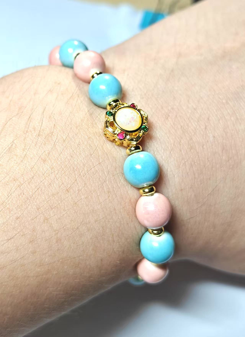 Jingdezhen Handmade Ceramic Bead Bracelet: Artisan - Crafted With Pastel Color - Block Design, Opal - Inlaid Charm & Gold Accents For Daily Elegance_voghion.com