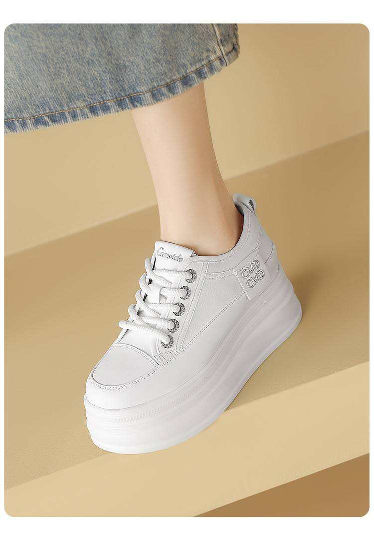 Cameido PU Thick Sole Comfortable Women's Casual Shoes - White Faux Leather & Flocking, Round Toe, 6CM Heel_voghion.com