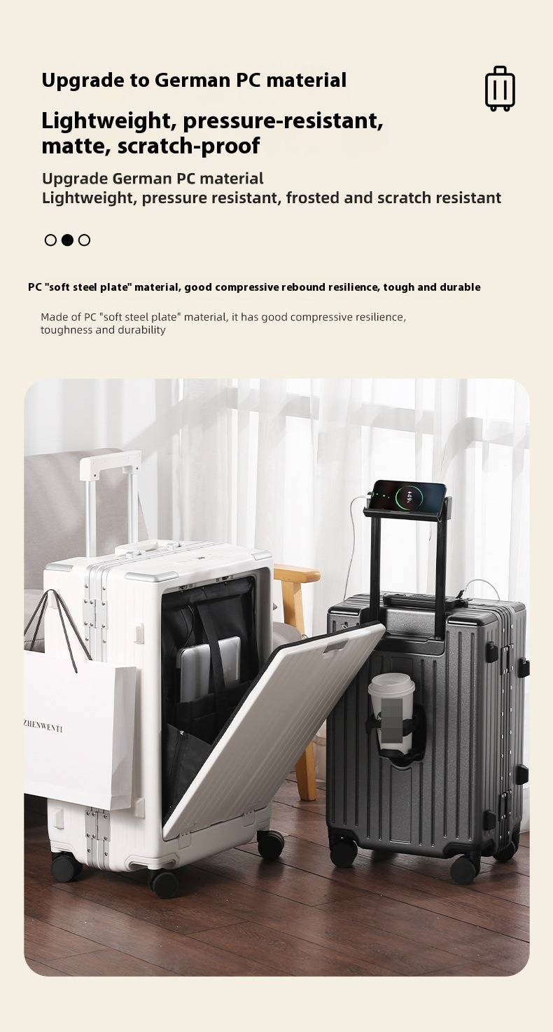 Bagaglio a mano multifunzionale con telaio in alluminio di alta qualità, porte di ricarica USB, ruote girevoli e apertura frontale (canna di fucile/bianco/nero)_voghion.com