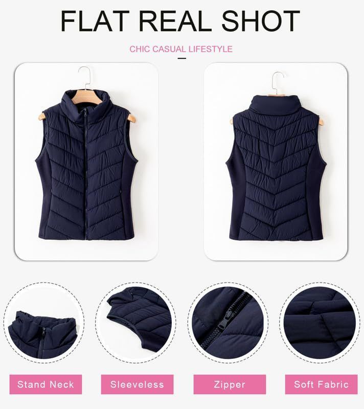 Gilet trapuntato da donna con collo alto, tasche con cerniera, giacca imbottita senza maniche calda invernale per abbigliamento casual_voghion.com
