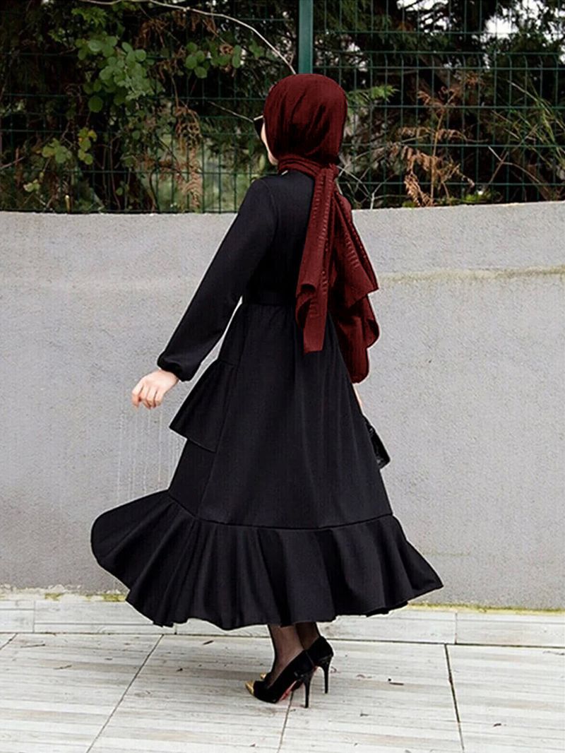 2207 # Türkiye Langes muslimisches Tunikakleid mit zwei Lagen Rüschen für Damen_voghion.com
