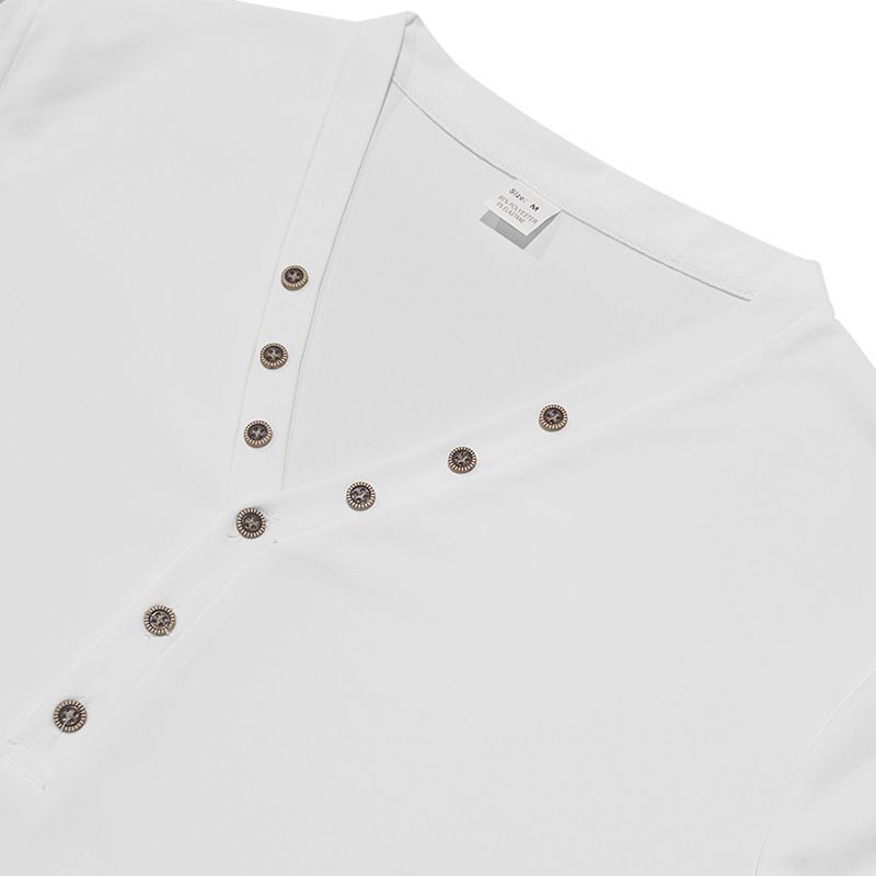 24 New Men's Spring And Autumn American Style Solid Color Thin Long Sleeve T-Shirt Casual Base Slim Fit Button V-Neck_voghion.com