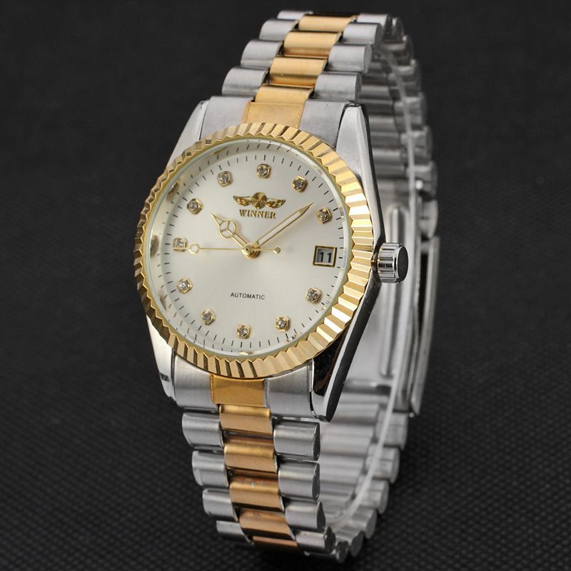 men's gold steel band business watch rhinbit band calendar through the bottom automatic manual mechanical watch_voghion.com