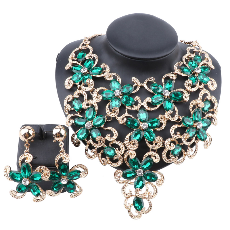 Frauen Zubehör Hochzeit Braut Gold Farbe Aussage Kristall Blume Anhänger Halskette Ohrring Party Schmuck Set_voghion.com
