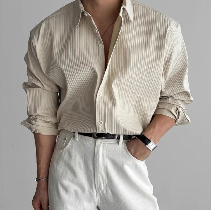 Camicia casual da uomo in stile coreano di alta qualità, a maniche lunghe, tinta unita, stile primavera-autunno, 'Texture'_voghion.com