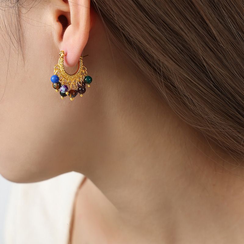 Orecchini retrò di alta qualità, leggeri e di lusso, in acciaio al titanio placcato oro, con pendente in agata colorata, gioielli personalizzati per le donne_voghion.com