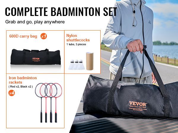 VEVOR Badminton Net Set, Outdoor Backyard Beach Park Badminton Net, Portable Badminton Equipment Set, Adults Kids Badminton Net With Poles, Carrying Bag, 4 Iron Rackets, And 3 Nylon Shuttlecocks_voghion.com