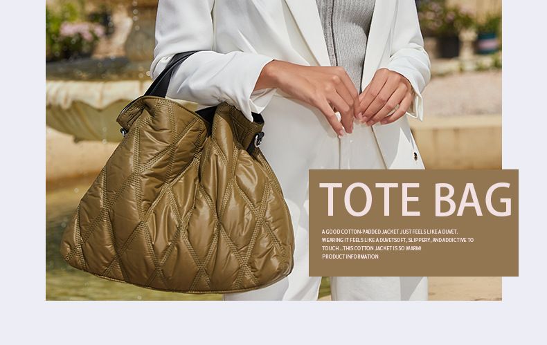 Umhängetasche, einfache, einfarbige, mit Daunen gefüllte Baumwoll-Tragetasche für Herbst und Winter, Damenmode, Diamant-Space-Baumwollhandtasche_voghion.com