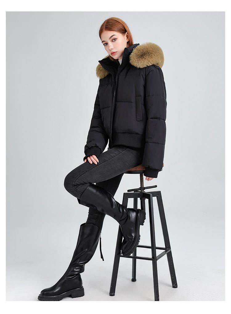 Modische Steppjacke mit Kapuze und abnehmbarem Kunstpelzbesatz, Wintermäntel für Damen, warmer kurzer Puffermantel, Oxford-Polyester, lässige lockere Passform_voghion.com