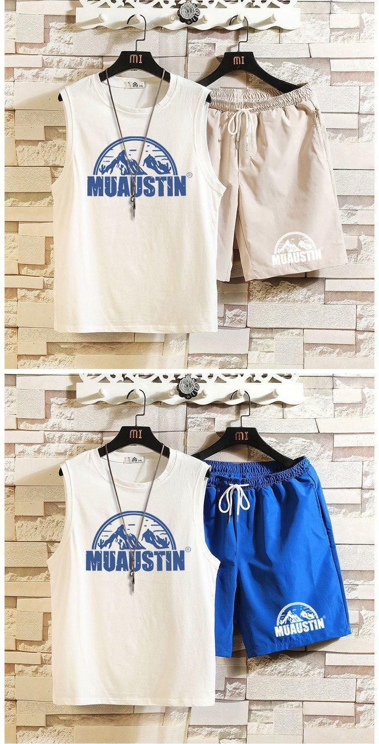 Top/Set Snow Mountain Printed Sleeveless Tank Top Set Men's T-shirt Summer Large Size 5/4 Shorts Casual Two Piece 12_voghion.com
