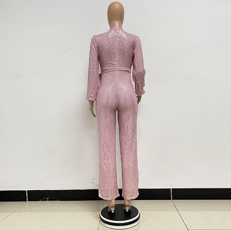 Damkläder Ins Style Deep V Mode Casual Jumpsuit Långärmat Bälte Paljett Jumpsuit Dam_voghion.com