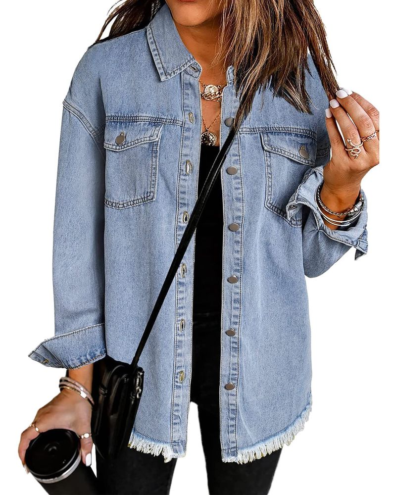 Giacca in denim leggera da donna, camicia abbottonata a maniche lunghe, cappotto casual ampio con tasche_voghion.com