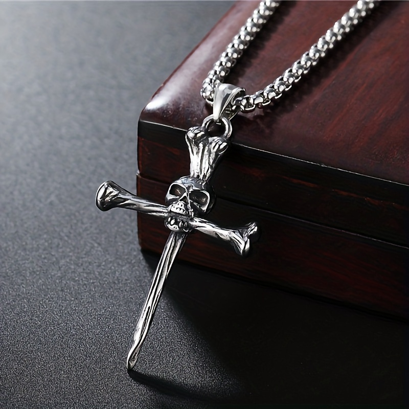 1pc Gothic Skull Cross Pendant Fashion Punk Style Chain Necklace Men Jewelry Halloween Gifts_voghion.com