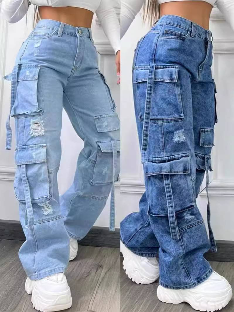 Frauen Kleidung neue mode einfarbig große größe hohe taille multi tasche lässige arbeitskleidung denim hosen_voghion.com