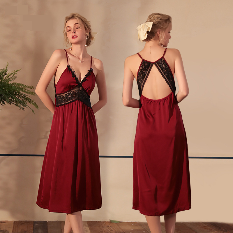 Damen Nachtwäsche Sexy Ice Silk Satin Hosenträger Sexy Dessous Nachthemd Lange Spitzennähte Flirten Versuchung Heimkleidung_voghion.com