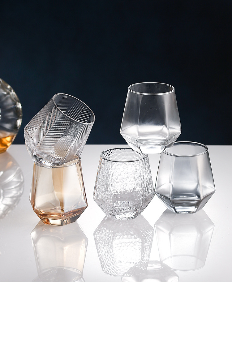 Hexagon Hammered Glass Cups - Multi-Purpose Drinking Glasses For Beer, Water & Tea (Set Of 4, Thickened Crystal Clear, Dishwasher Safe)_voghion.com