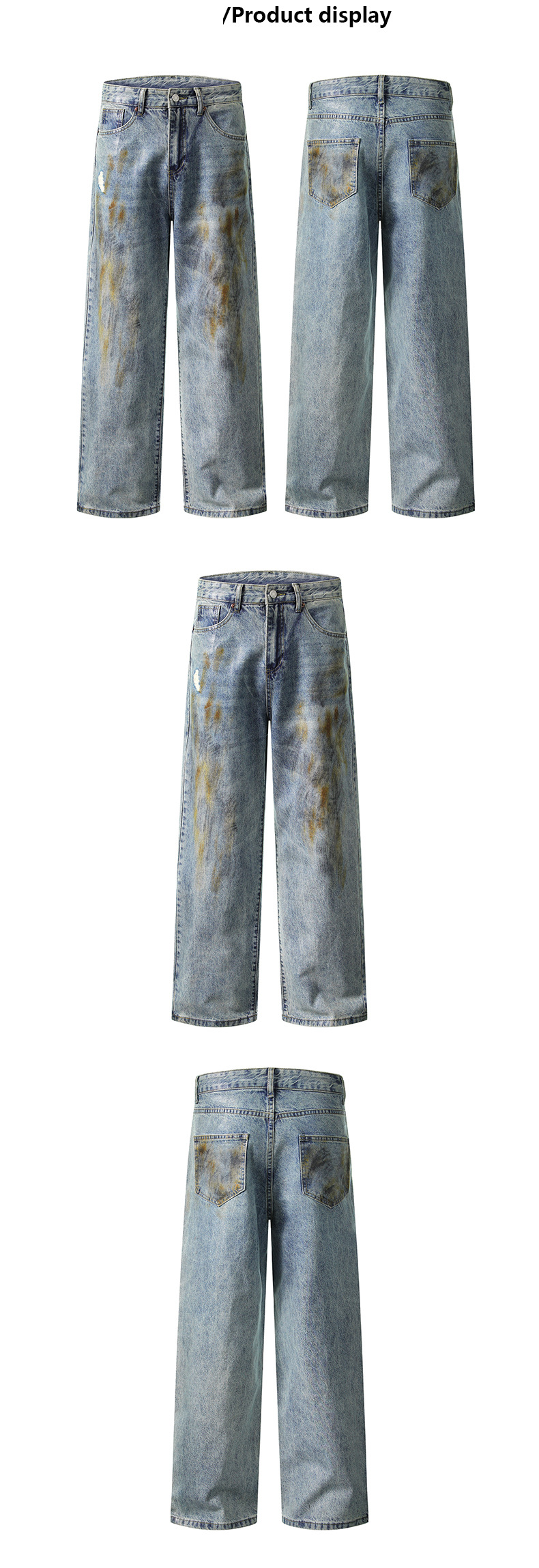 Herrenbekleidung Schwerindustrie Große Baggy Blaue Bürste Wachsbeschichtung Spray Schmutzige Lose Wachsoberfläche Jeans_voghion.com