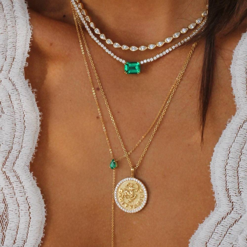 Women's Jewelry Double Layer Teardrop Emerald Y Shaped Necklace Sweater Chain Retro French Light Luxury Niche Clavicle Chain Electroplated Real Gold_voghion.com