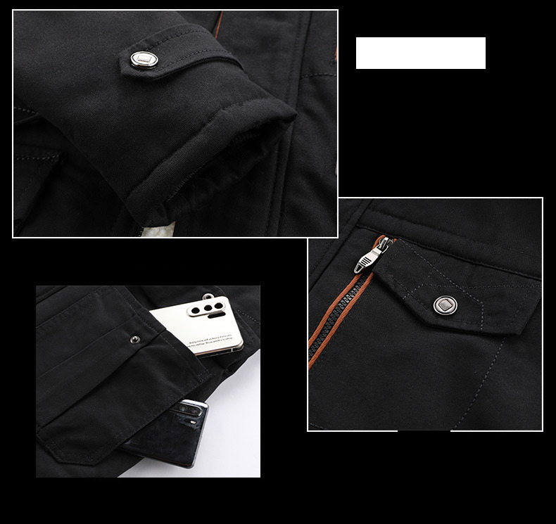 Jaqueta masculina com forro de lã e capuz - Casaco de inverno de comprimento médio, enchimento de poliéster quente, agasalho casual estiloso para homens (verde-exército, preto)_voghion.com