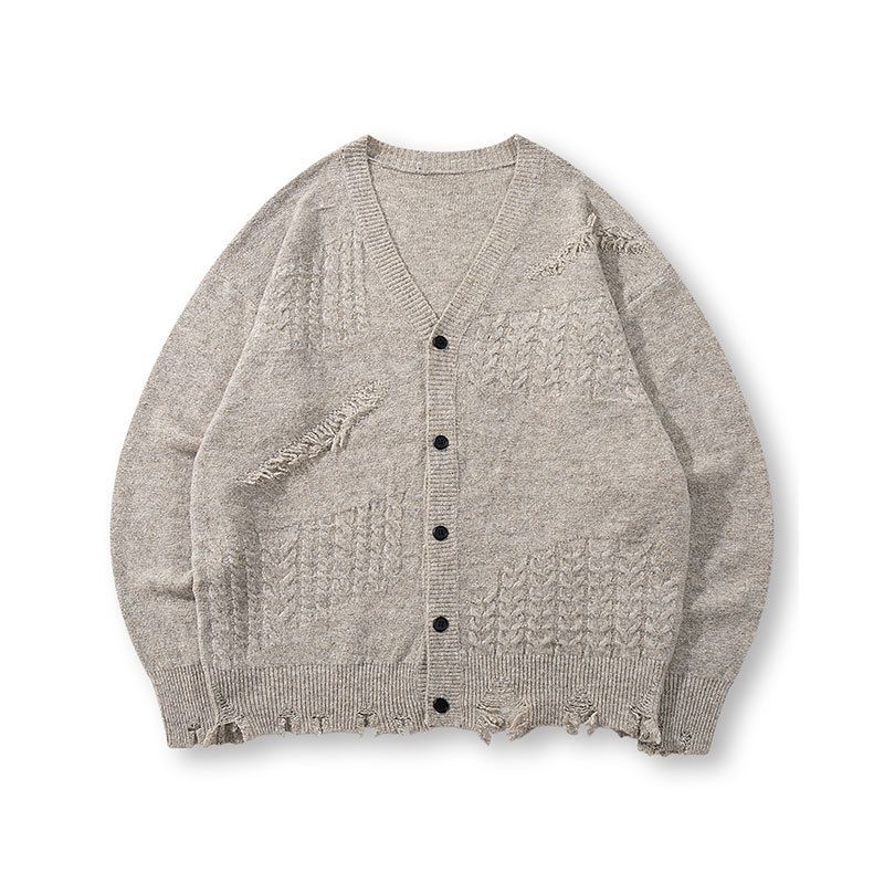Distressed V-Neck Knit Sweater – Oversized Slouchy Cardigan With Raw Hem (Beige, Unisex)"_voghion.com