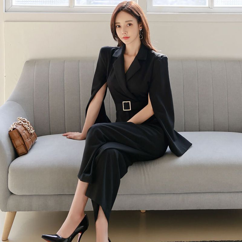 Ripped Sleeve Split Jumpsuit For Women 2023 Spring New Elegant Slim Fit Suit Collar Waist-Cinching Slimming Professional_voghion.com