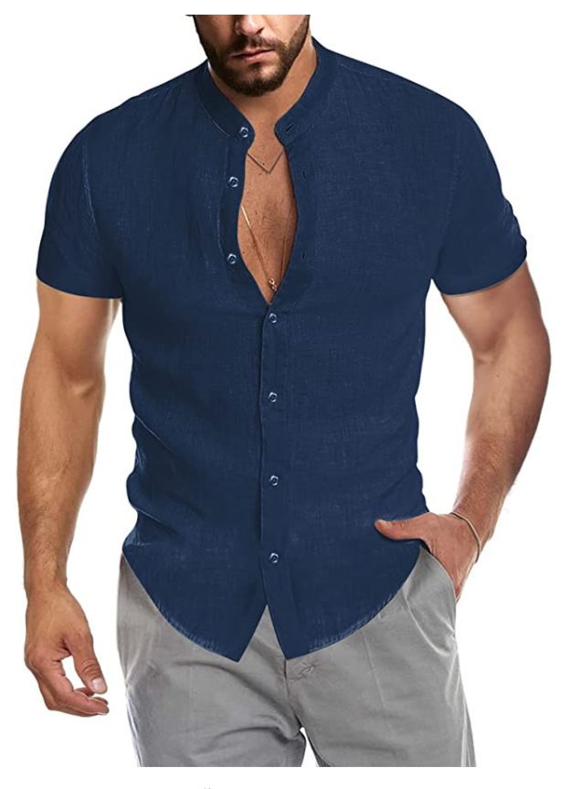 Unbeatable Quality 2024 Summer V-neck Linen New Cardigan Stand Up Neck Short Sleeve Men's Shirt_voghion.com