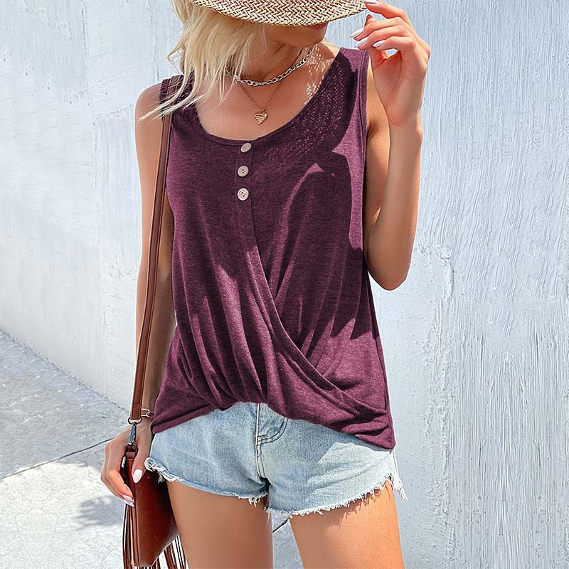 Top sin mangas con cuello redondo y botones cruzados de color liso para mujer, novedad de verano 2023_voghion.com