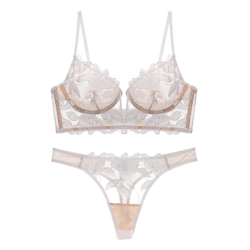 H Cross Border Französisch bestickte Unterwäsche Dünne Sexy Tiefe V Stahlring Geraffte Backless Unterwäsche Set 23094_voghion.com
