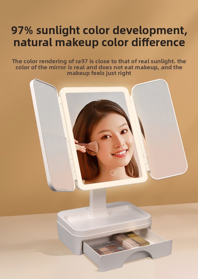 Espejo de tocador LED de 3 lados con control táctil y compartimento de almacenamiento - Iluminación regulable y ajustable 360° para maquillaje y cuidado de la piel (blanco)_voghion.com