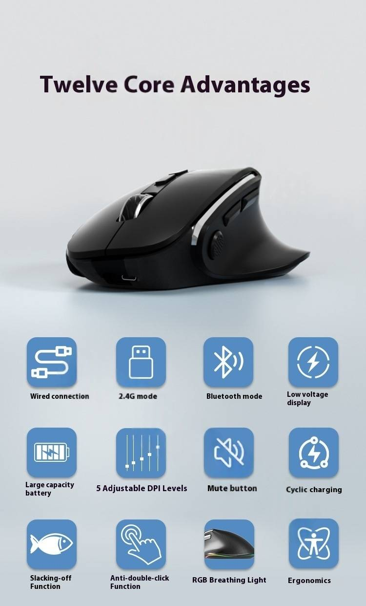 Ratón inalámbrico ergonómico y silencioso, 2,4 GHz + Bluetooth, 8 botones, 2400 DPI, desplazamiento en 4 direcciones, recargable, para portátil/PC_voghion.com