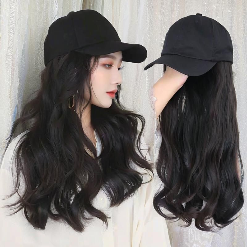 Cappello con parrucca lunga e ondulata alla moda da donna con visiera parasole, parrucchino in fibra sintetica ad alta temperatura dall'aspetto naturale per lo styling e l'uso quotidiano_voghion.com