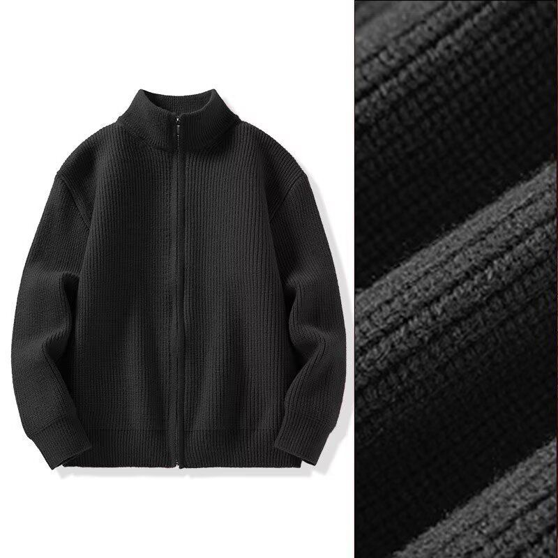 Men's Knit Cardigan – Oversized Zip-Up Sweater With Stand Collar For Casual Layering & Winter Comfort_voghion.com