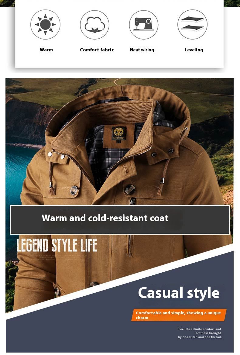 Men's Longline Washed Cotton Hooded Jacket - Vintage Workwear Style Windbreaker With Button Details, Slim Fit Casual Coat_voghion.com