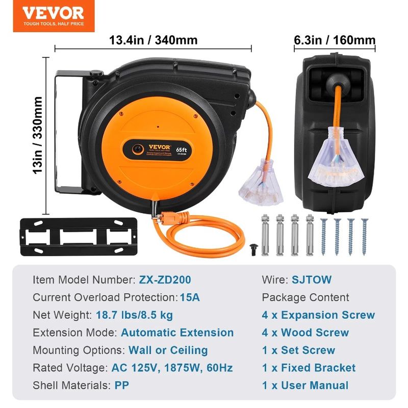 Retractable Reel Cord Extension 3C Cord 12AWG Power 65FT SJTOW Reel_voghion.com