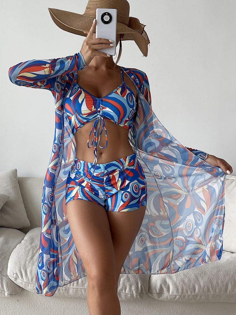 Women's Clothing New Bikini Three Piece Digital Printing Outerwear Flat Leg Pants Swimsuit Women_voghion.com
