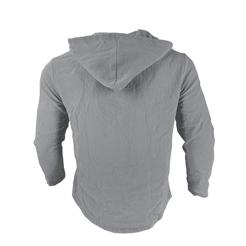 Maglietta casual a maniche lunghe con cappuccio e coulisse in cotone e lino, tinta unita, da uomo, alla moda, da abbinare a qualsiasi outfit, da spiaggia_voghion.com