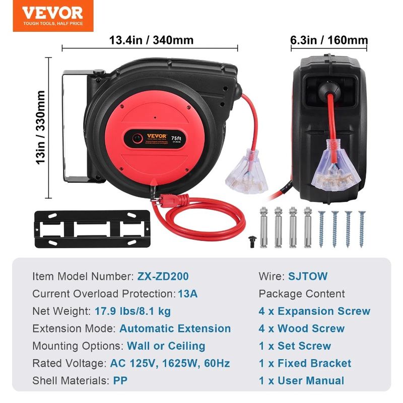 SJTOW Cord 14AWG Power Reel Retractable Cord 3C Extension 75FT Reel_voghion.com
