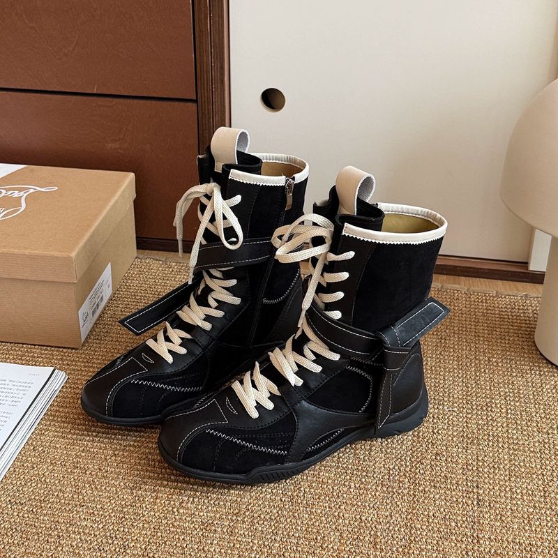 Botas vaqueras Martin de boxeo con cordones y punta redonda para mujer, versátiles, de media caña, en cuero de vaca._voghion.com