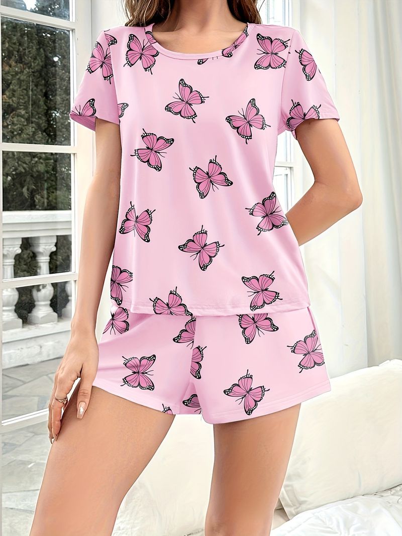 Piżama damska Homewear z nadrukiem motyli, krótki rękaw, szorty, wygodny, swobodny, wygodny, dwuczęściowy komplet_voghion.com