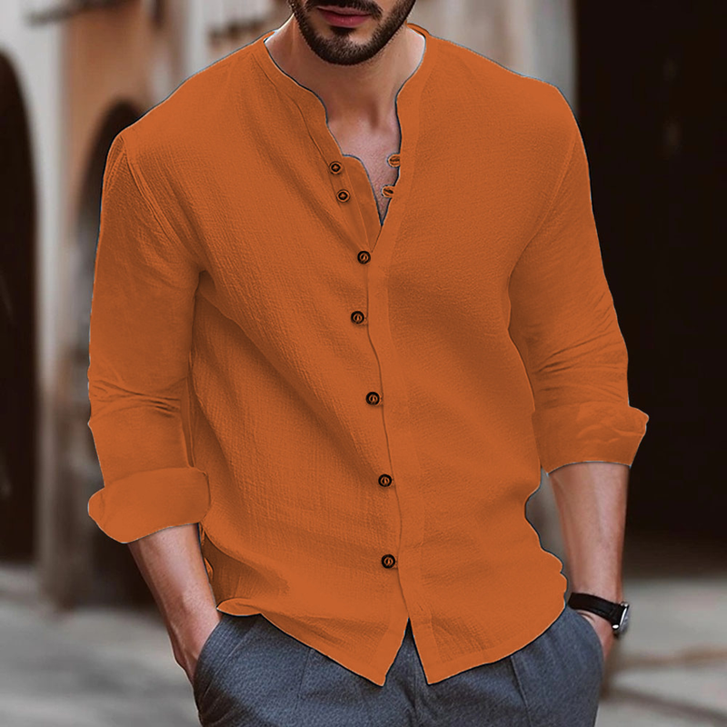 2024 New Men's Solid Cotton And Casual Button Long Sleeved Shirt_voghion.com