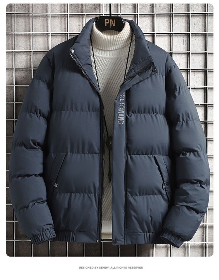 Herrenbekleidung Winter Gepolsterter Mantel Warme Stehkragenjacke, Lockere Passform Freizeitoberbekleidung, Verdickte Polyesterhülle, Schwarz/Grau/Marineblau, Größen M-5XL_voghion.com