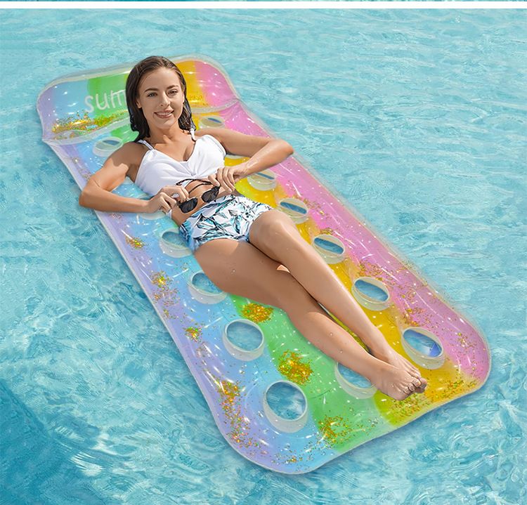 Luxury Inflatable Pool Lounger - Glitter Gradient Design With Reinforced Mesh (Thickened PVC 190cm Breathable Round Holes For Adults Beach/Pool Use)_voghion.com