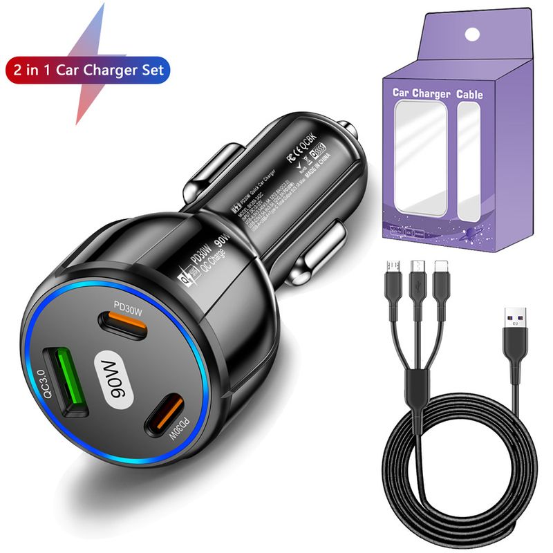 Music Festival  90W in dual line set, fast charging, one to three 1USB+2PD car charger_voghion.com