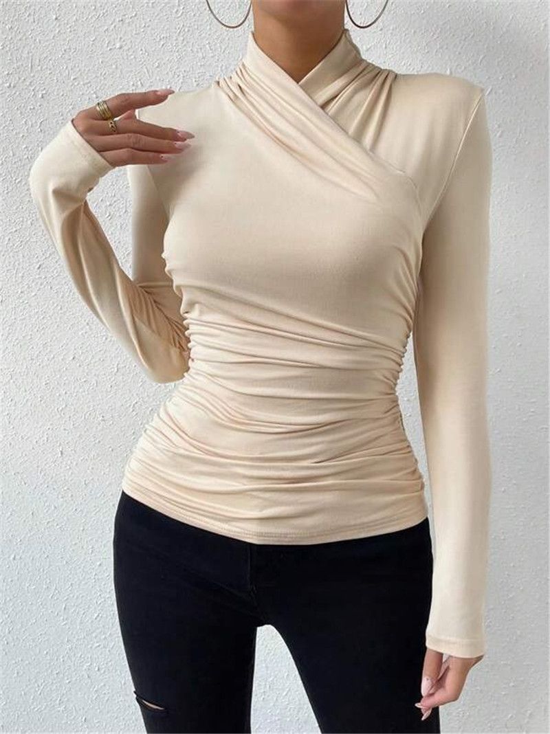Women's Clothing autumn and winter autumn and winter new design cross collar slim fit versatile pleated T shirt_voghion.com