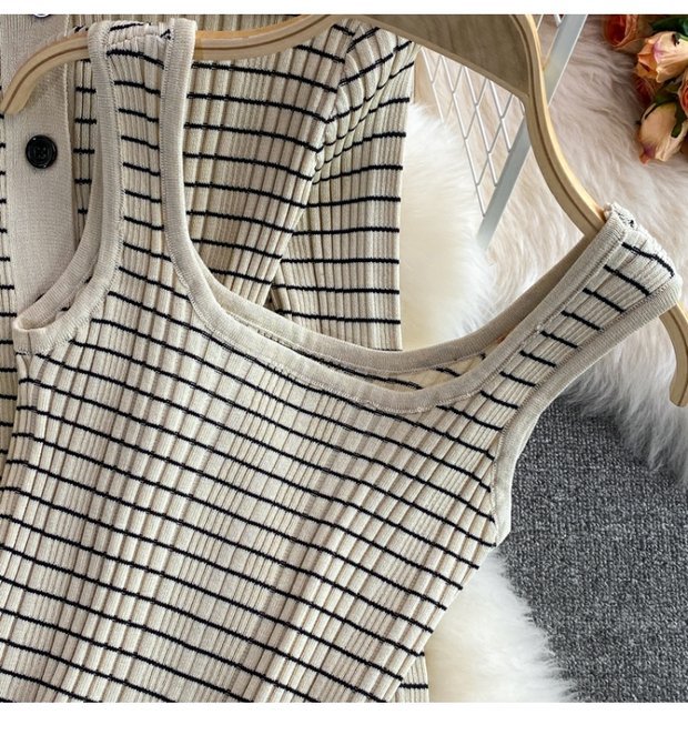 Women's fashion sleeveless vest three-piece high-waisted striped hip wrap skirt_voghion.com