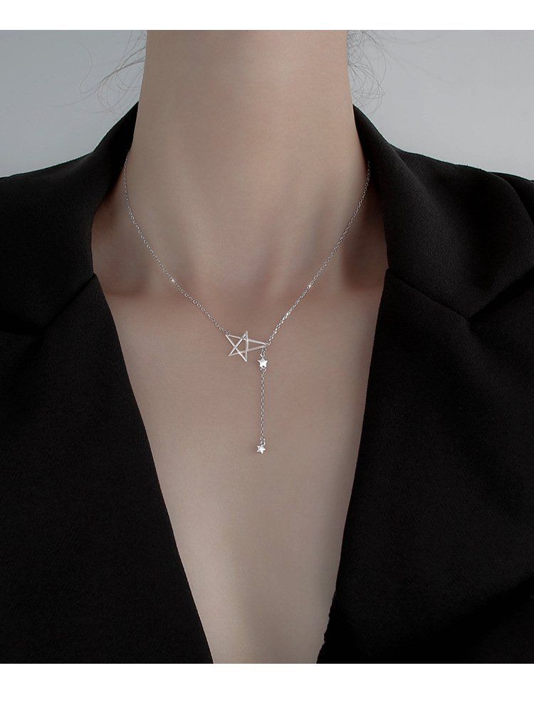 Collana in argento sterling con stella a cinque punte per donna, resistente allo sbiadimento, design di nicchia, nappa semplice sulla clavicola, maglione_voghion.com