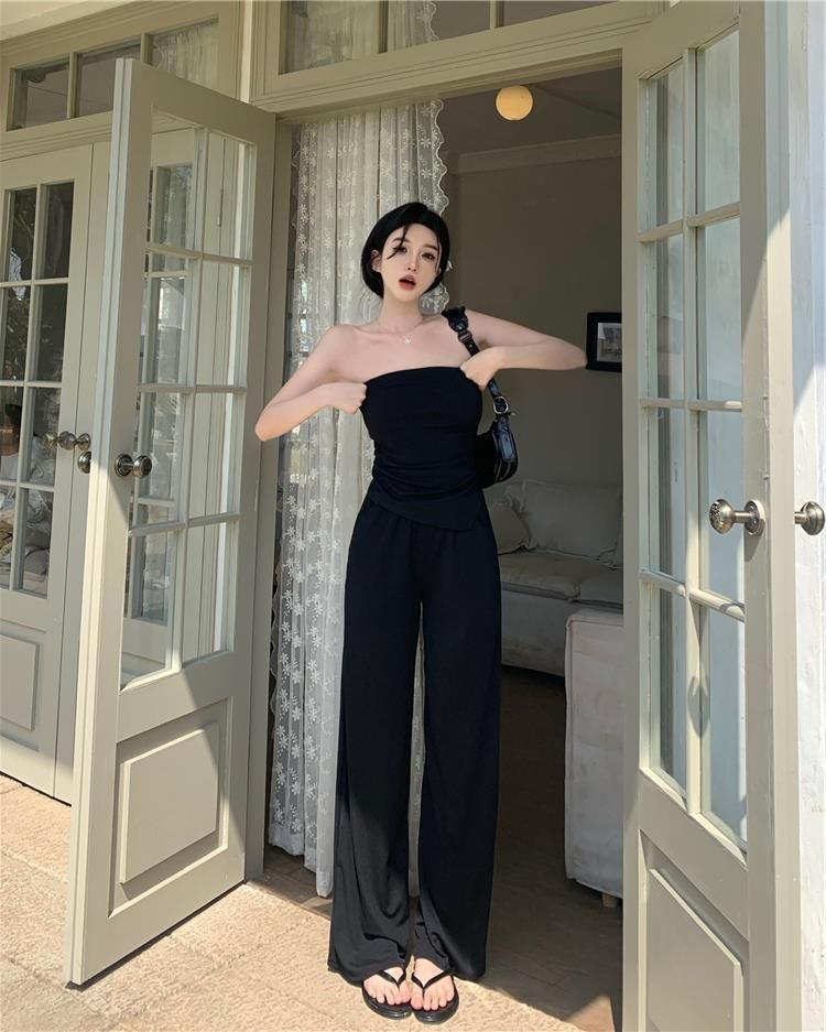 Audday Spicy Girl Tube Top Summer Sexy White Floor-Length High Waist Slim Fit Draped Wide-Leg Pants Two-Piece Set_voghion.com